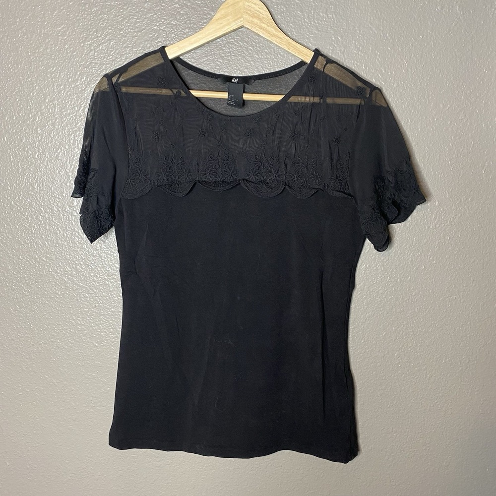 H&M Black T Shirt with Lace Top &‎ Sleeves Women's Size  Medium